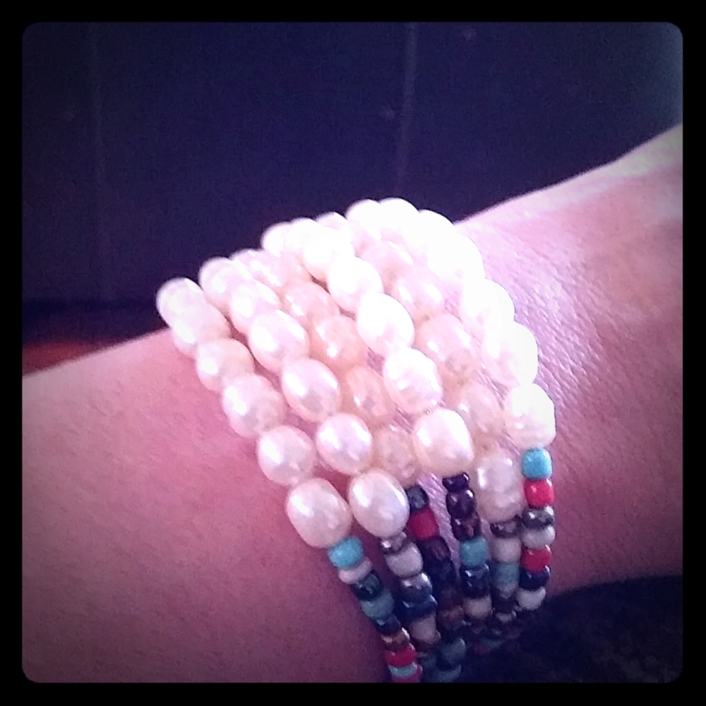 Freshwater pearls beaded gemstones cuff bracelet